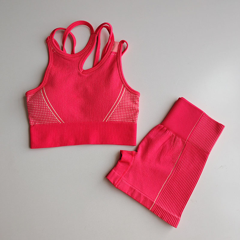 Seamless Yoga Set 2 Piece Sports Suit Female Workout Clothes Medium Support Sports Bra+High Waist Gym Shorts Women Sportwear: red / S