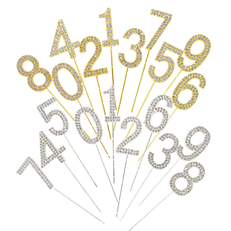 Glitter Alloy Rhinestone 0-9 Number Cake Toppers Gold Silver Digital Cupcake Topper Wedding Birthday Party Dessert Decorations