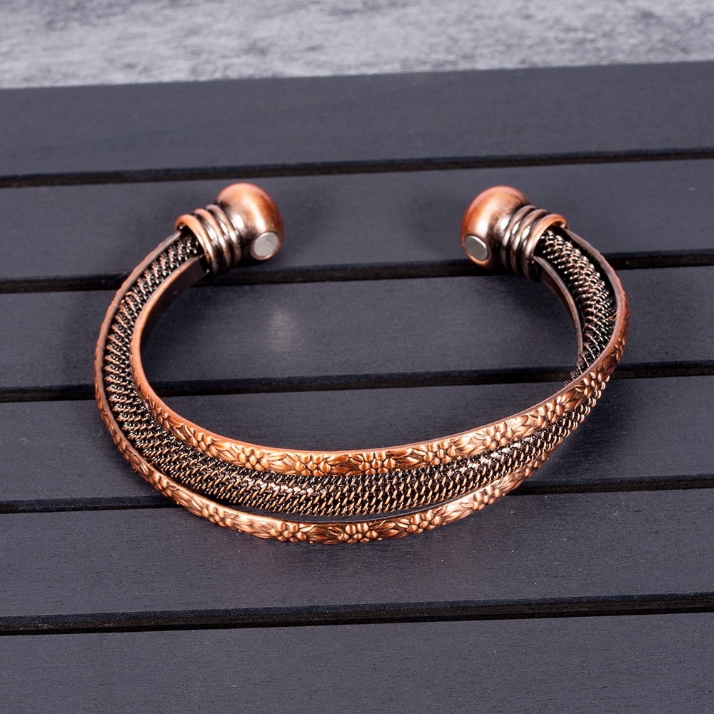 Vinterly torcido pulseira de cobre flores vintage energia magnética pulseira ajustável aberto manguito pulseiras presentes para mulher