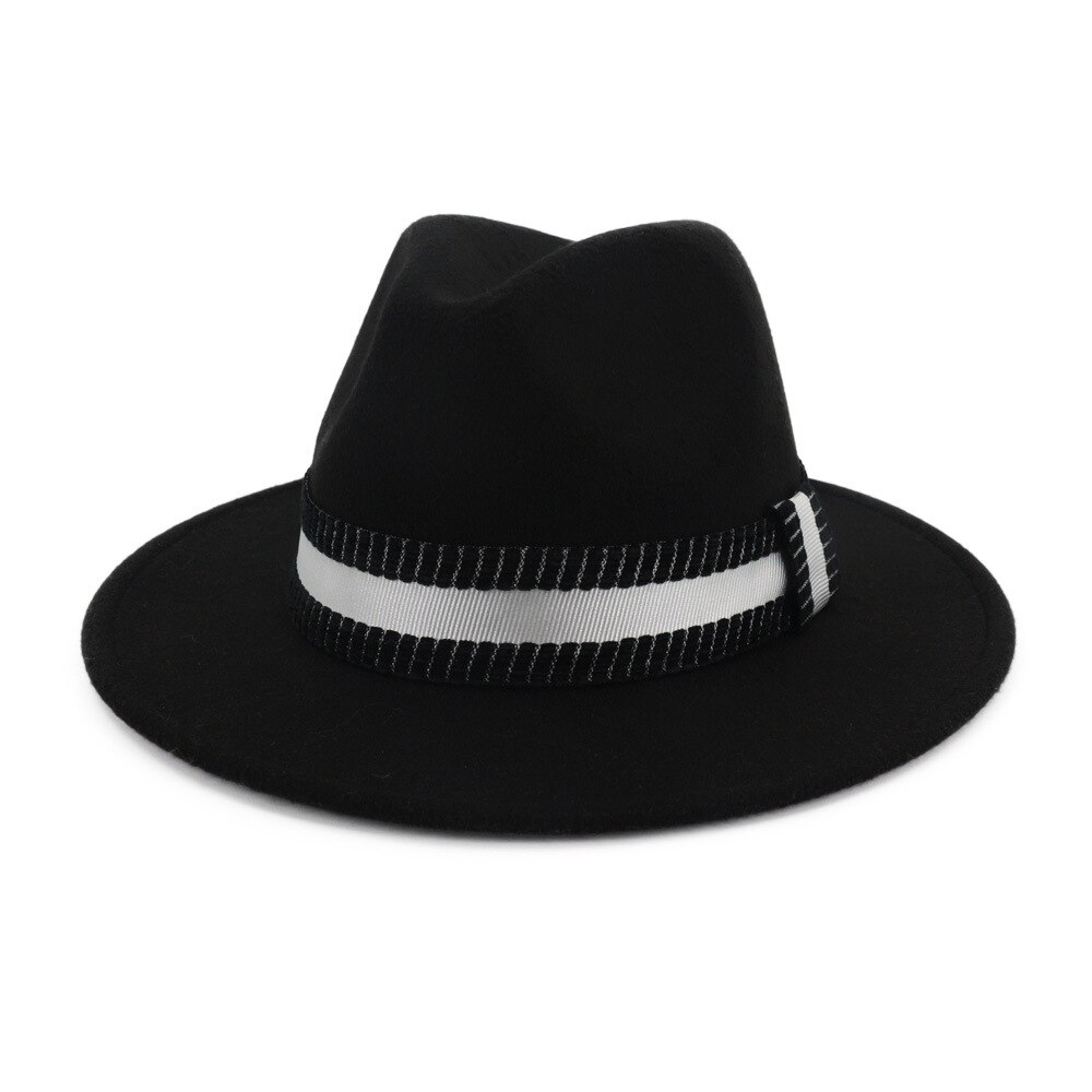 Fs leveälierinen fedora hattu naisille villahuopahatut miehille syksy talvi panama gamble jazz lippalakki raidallinen musta valkoinen nauha: Musta