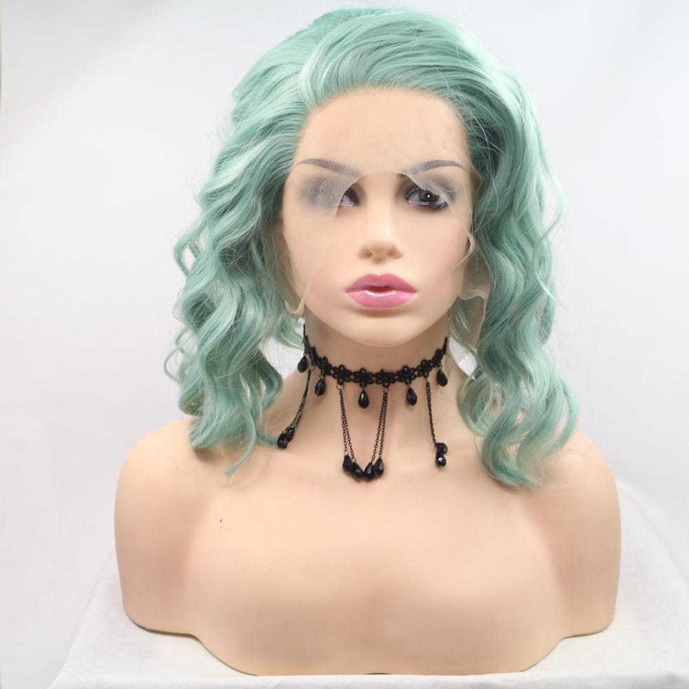 Weilai grön gradient kort lockigt hår peruk syntetisk spets front bob peruk sida del kvinnors hår värmebeständig fiber peruk