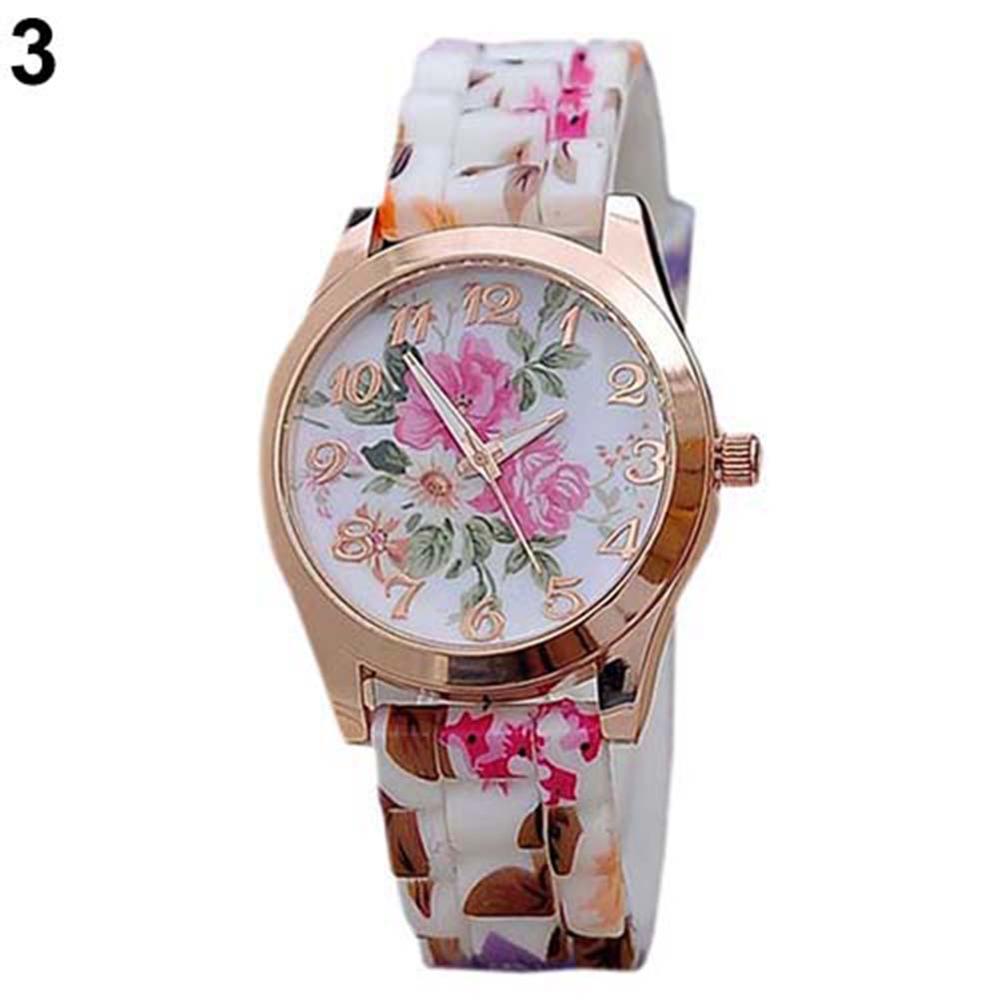 Mode Vrouwen Bloemenprint Silicon Band Arabische Cijfers Wijzerplaat Quartz Horloge Armband: 3