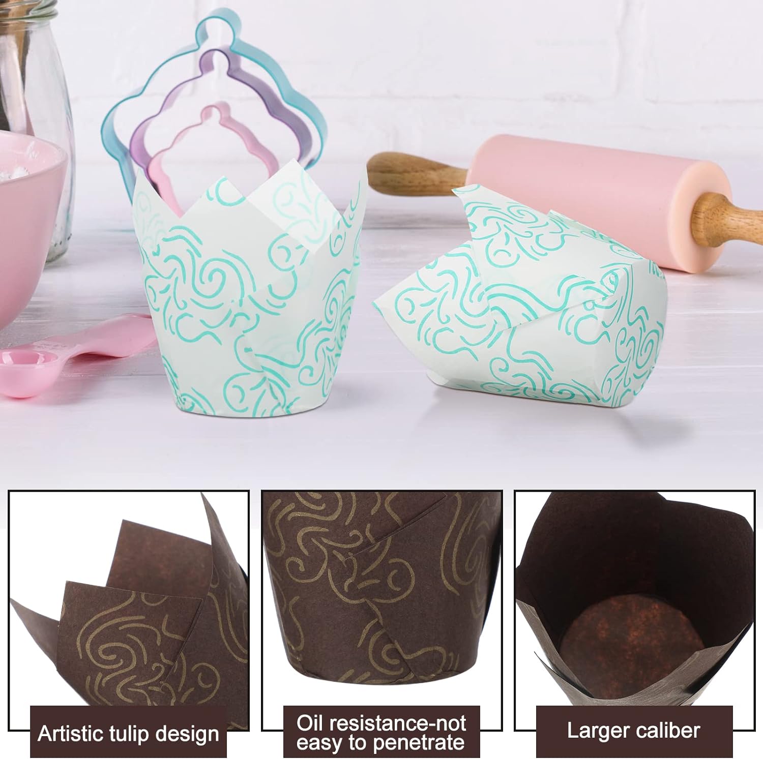 40/100/200 Stück Tulpen-Cupcake-Einlagen, Muffin-Cupcake-Papierverpackungen mit Golddruck, Backbecherhalter für Hochzeit, Geburtstag