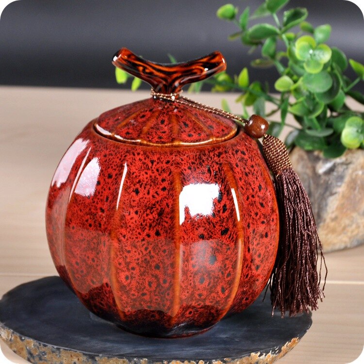 High grade ceramics furnace transmutation Porcelain Pumpkin Style tea jar ceramic tea barrel sealed tank storage tank tea caddy: A