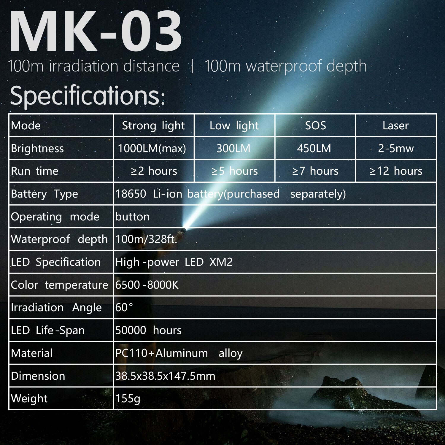 Super bright Diving Flashlight IP68 highest waterproof rating diving light Powered by 18650 battery With hand rope