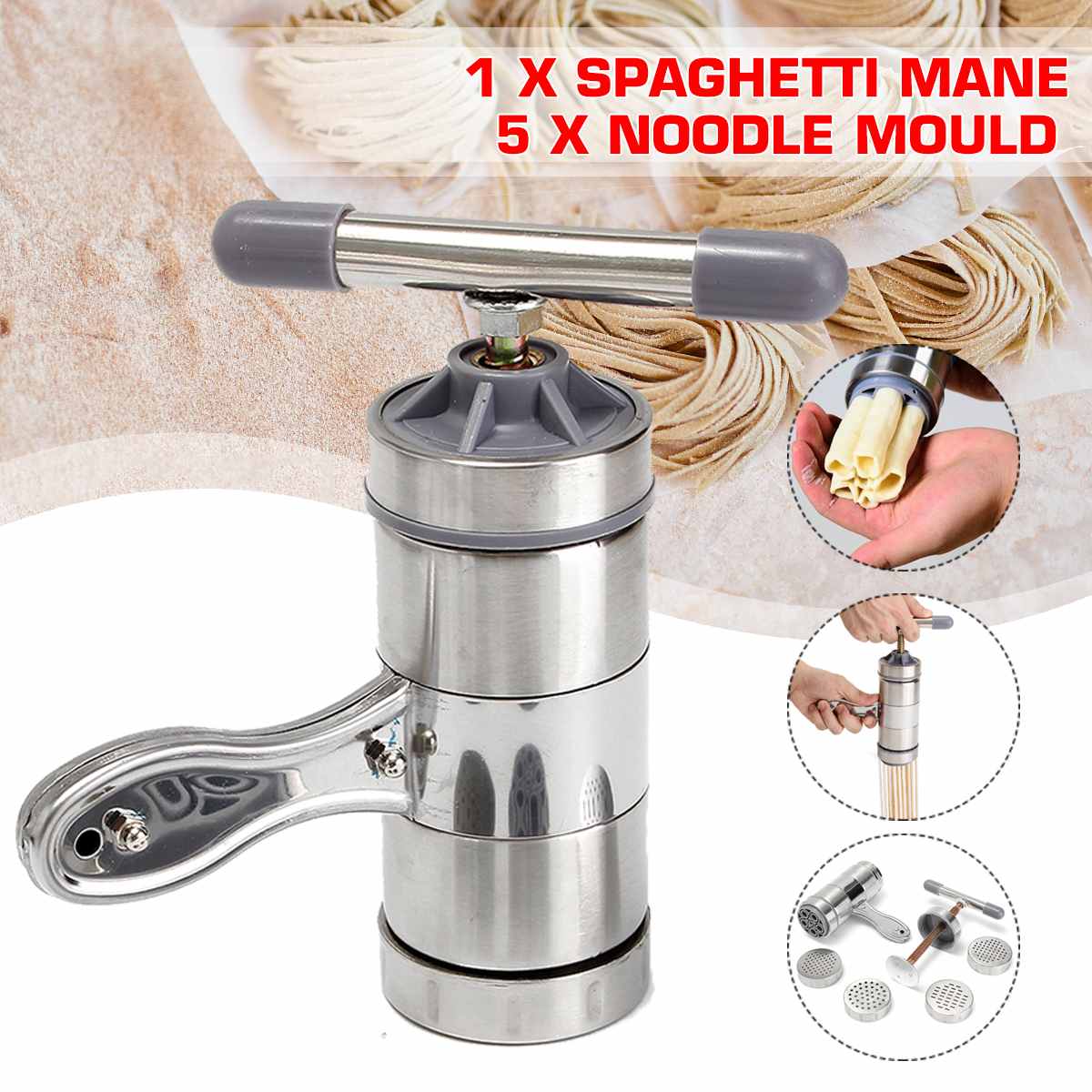 Stainless Steel Manual Pasta Machine Noodle Maker Pasta Spaghetti Press Machine Household Pressing Machine With 5 Pressing Mould