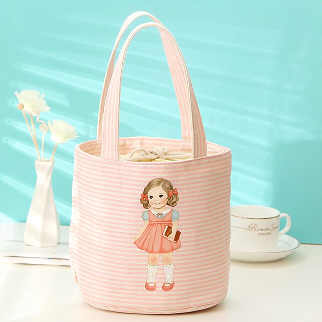 Cute Girl Cylindrical Lunch Bag Students Round Lunch Box Bag Waterproof Insulation Circular Drawstring Food Thermal Cooler Tote: pink