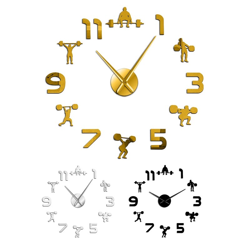 Large DIY Wall Clock Wall Watch Mirror Effect Powerlifting Frameless Wall Clock Weightlifting Fitnes Room Wall Decor