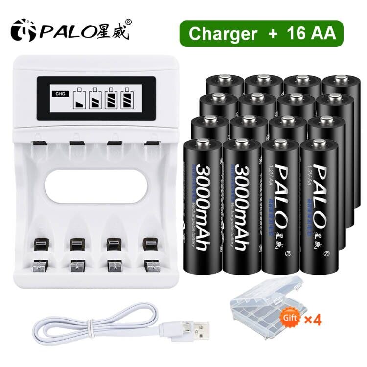 PALO AA Rechargeable battery aa 1.2v Ni-MH AA Batteries Rechargeable Battery 2A batteria for Led flashlight battery: 16AA and Charger