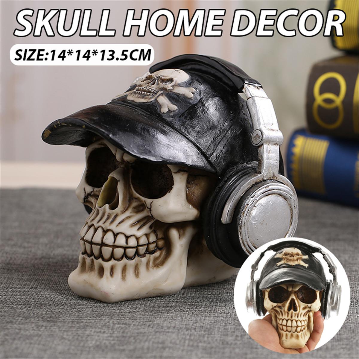 Resin Skull Statues Resin Craft Skeleton Head Statutte With Headphone Skull Figurines Sculpture Halloween Home Decorative Crafts