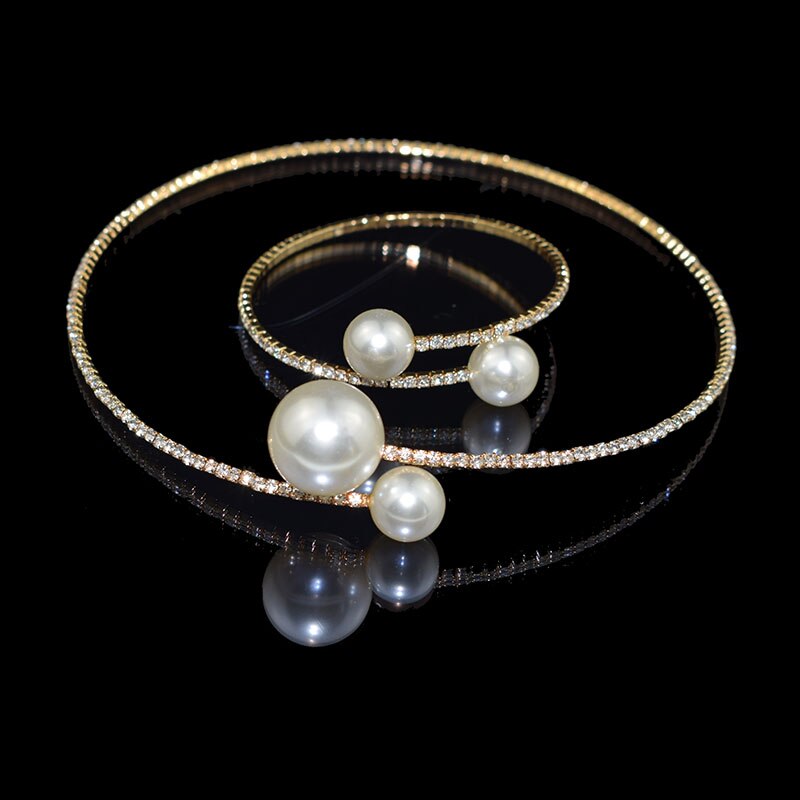 Mode Eenvoudige Gesimuleerde Parel Bruids Sets Kristal Bruiloft Sieraden Ketting Bangle Set Voor Vrouwen Bruiloft Sieraden: Gold