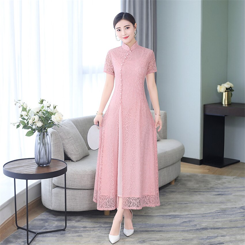 Aodai-vestido Qipao de Vietnam para mujer, ropa tradicional de encaje, Vestido largo de seda hasta la rodilla, novedad de verano, 2022
