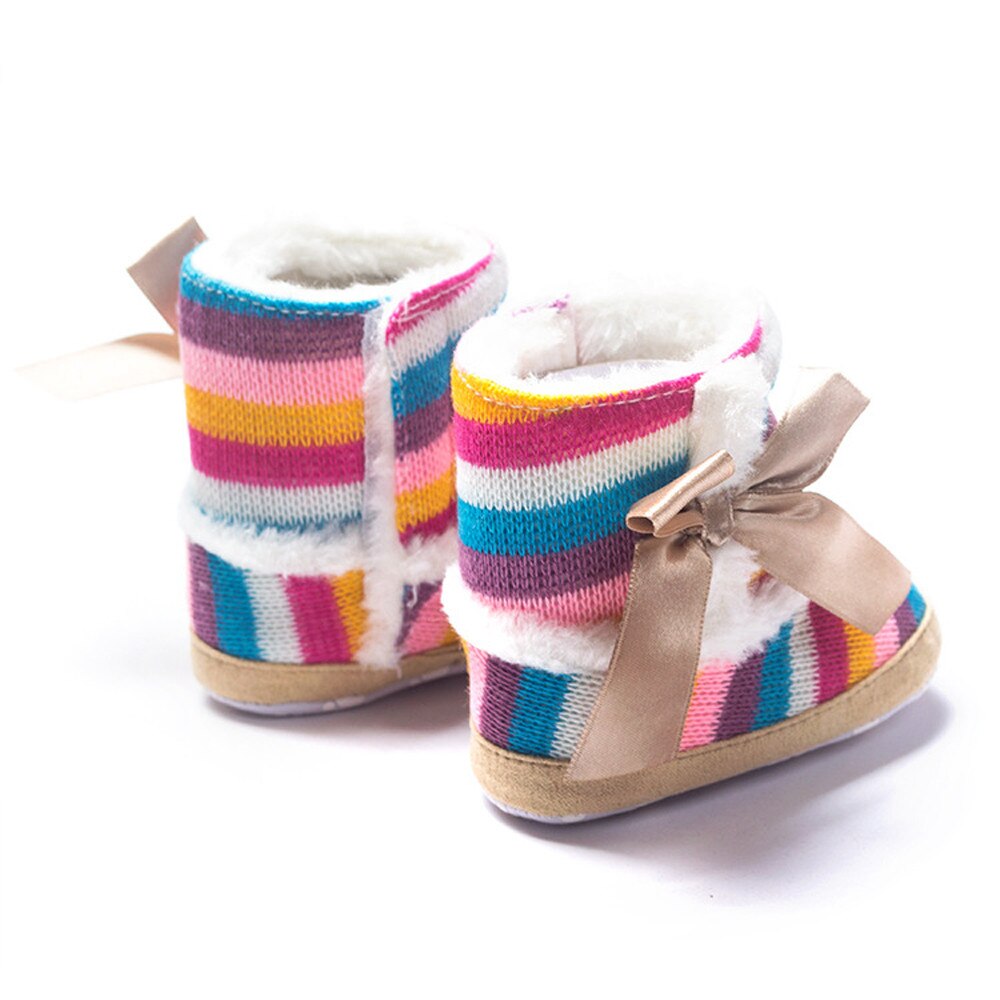 Infantil do bebê meninas arco-íris impressão arco macio sola botas de neve criança crianças menina macio berço sapatos inverno quente botas de algodão adequado para 0-18 m bebê meninas