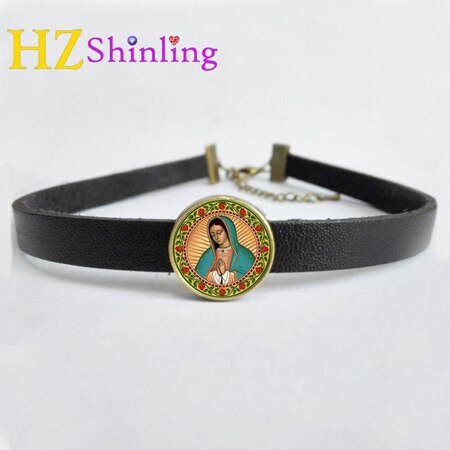 ¡NOVEDAD DE ! Gargantilla de cuero colgante de Nuestra Señora de collar de Guadalupe, católico religioso, Gargantilla Vintage, colgantes: 9 / Brown