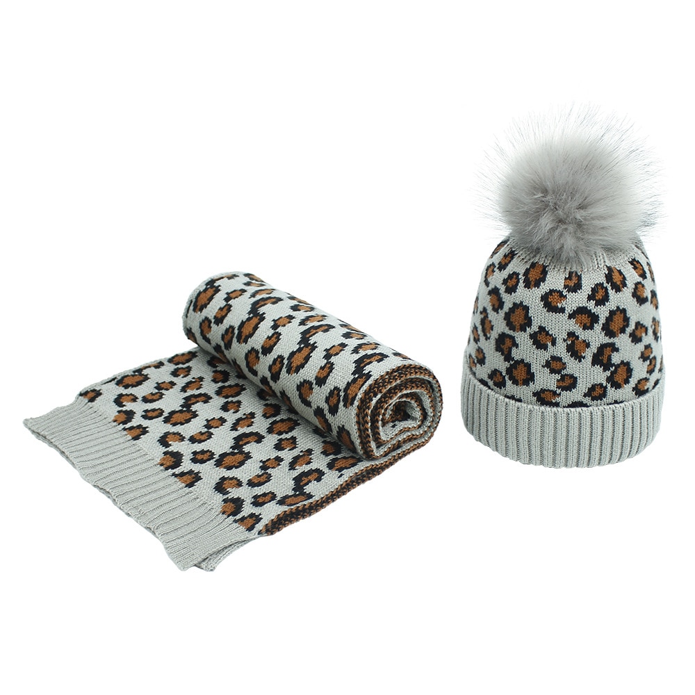 Leopard strik kvinder hat med et tørklæde kugle imiteret faux pels hatte tørklæder sæt vinter tilbehør til damer sjaal muts: 6