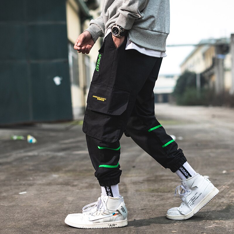 Men Harem Pant Multi Pocket Orange Trousers Feet Leisure Trouser Hip Hop Cargo Pants Streetwear