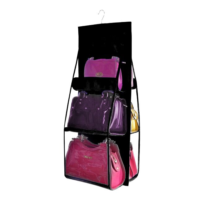 6 lomme hængende håndtaske arrangør til garderobeskab gennemsigtig opbevaringspose dørvæg klar diverse sko taske med bøjlepose: Sort