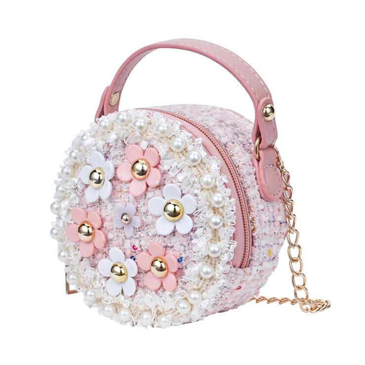 Cute Kid Girl Princess Handbag Sling Shoulder Bag PU Round Messenger Crossbody Purses Beading Stylish Zipper Wallets: Pink