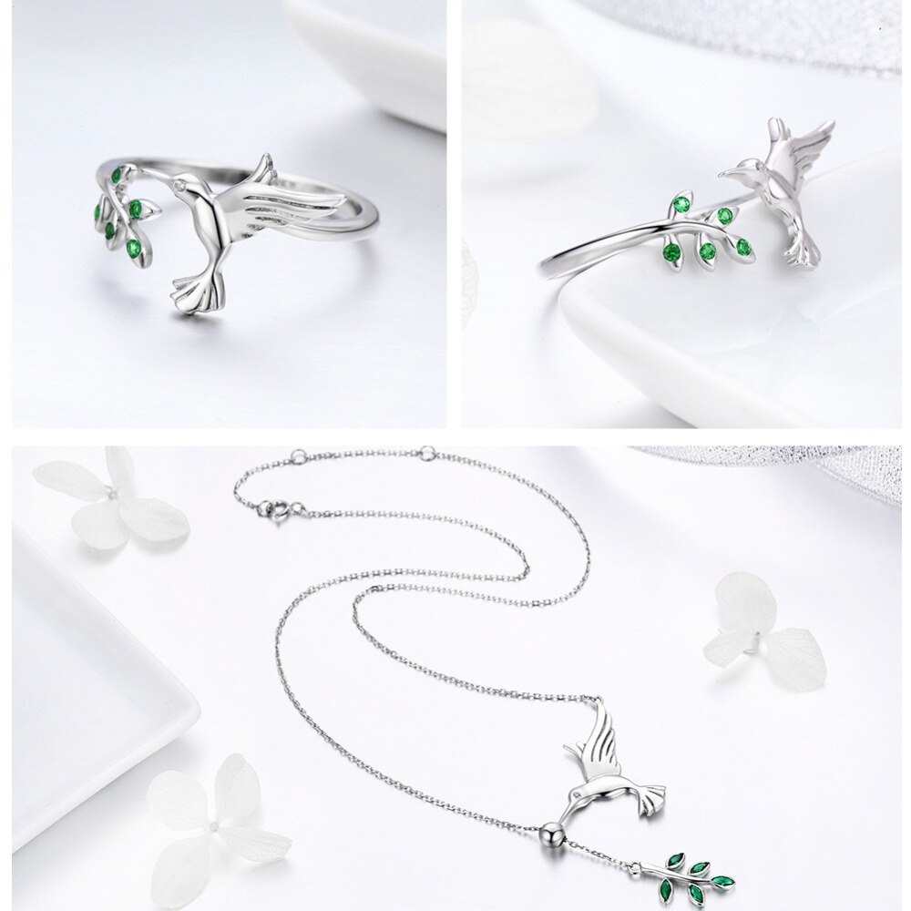 BISAER Schmuck einstellen 925 Sterling Silber Vogel Kolibris Gruß Kragen Anel Schmuck setzt Für Frauen Ohrringe Schmuck