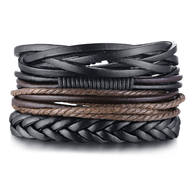 ZORCVENS 4 pieces/ Set Leather Bracelets for Men Braided Rope Wristband Vintage Style Male Bangle