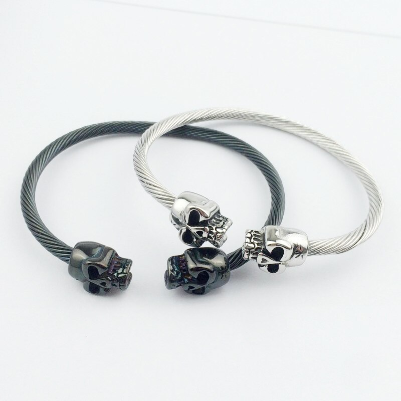 Vintage Black Skull Rvs Heren Mannelijke Open Manchet Armbanden Armbanden Punk Sportieve Outdoor Skelet Polsband Armbanden Pulsera