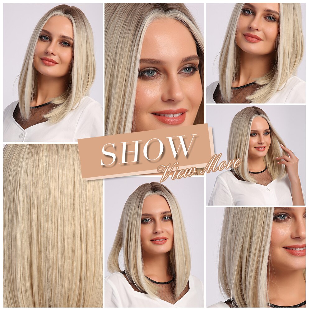GEMMA Medium Straight Synthetic Wigs Ombre Black Brown Blonde White Highlight Wigs Middle Part Hair for Women Heat Resistant
