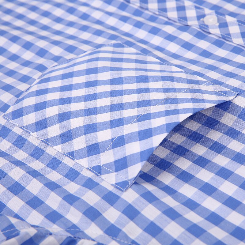 Summer Short Sleeve blue Plaid Shirts Men Casual Shirts square collar loose fit Shirts with front pocket 100% cotton