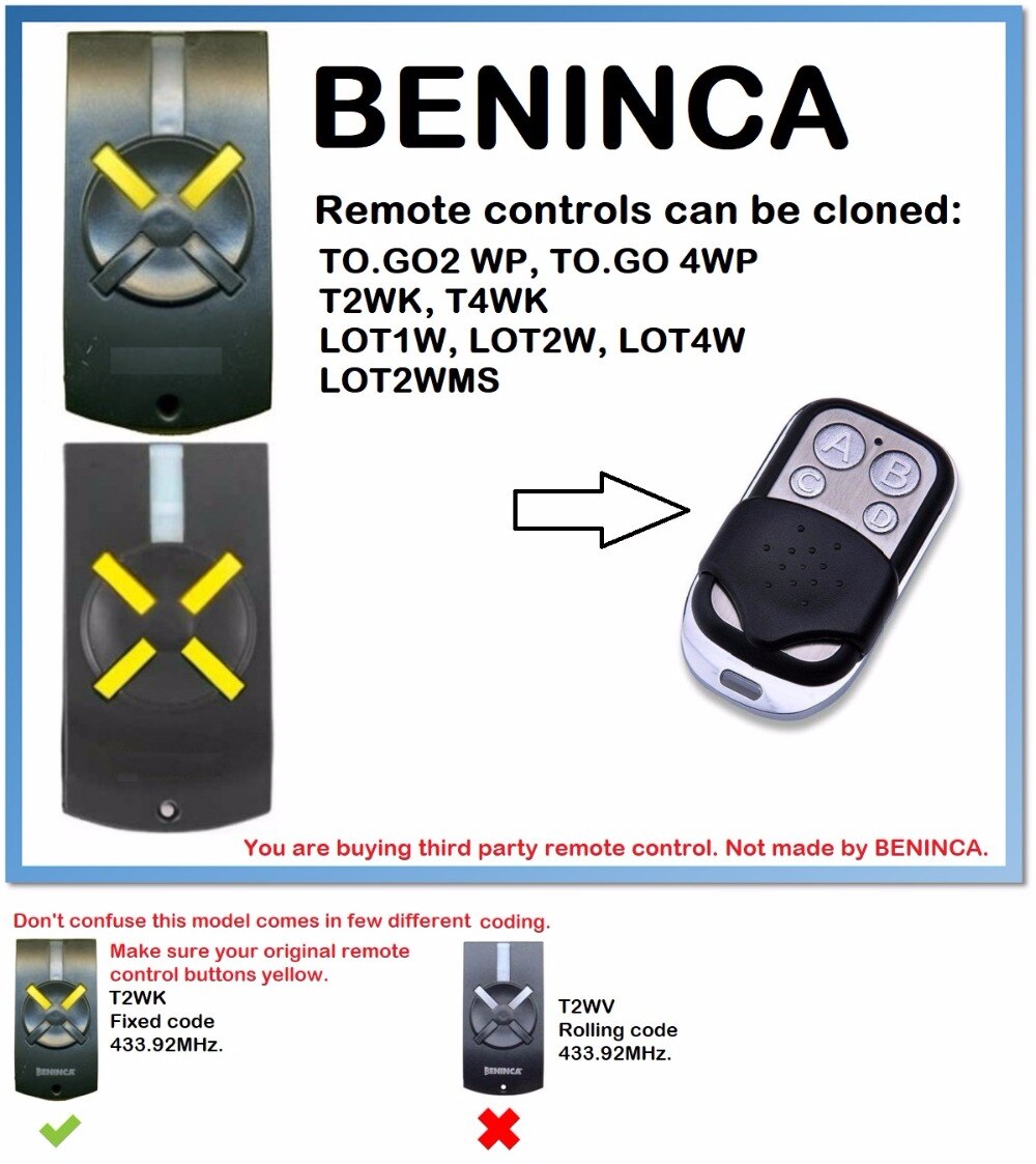 BENINCA T2WK, T4WK Remote Control Duplicator (only for 433.92mhz fixed code)