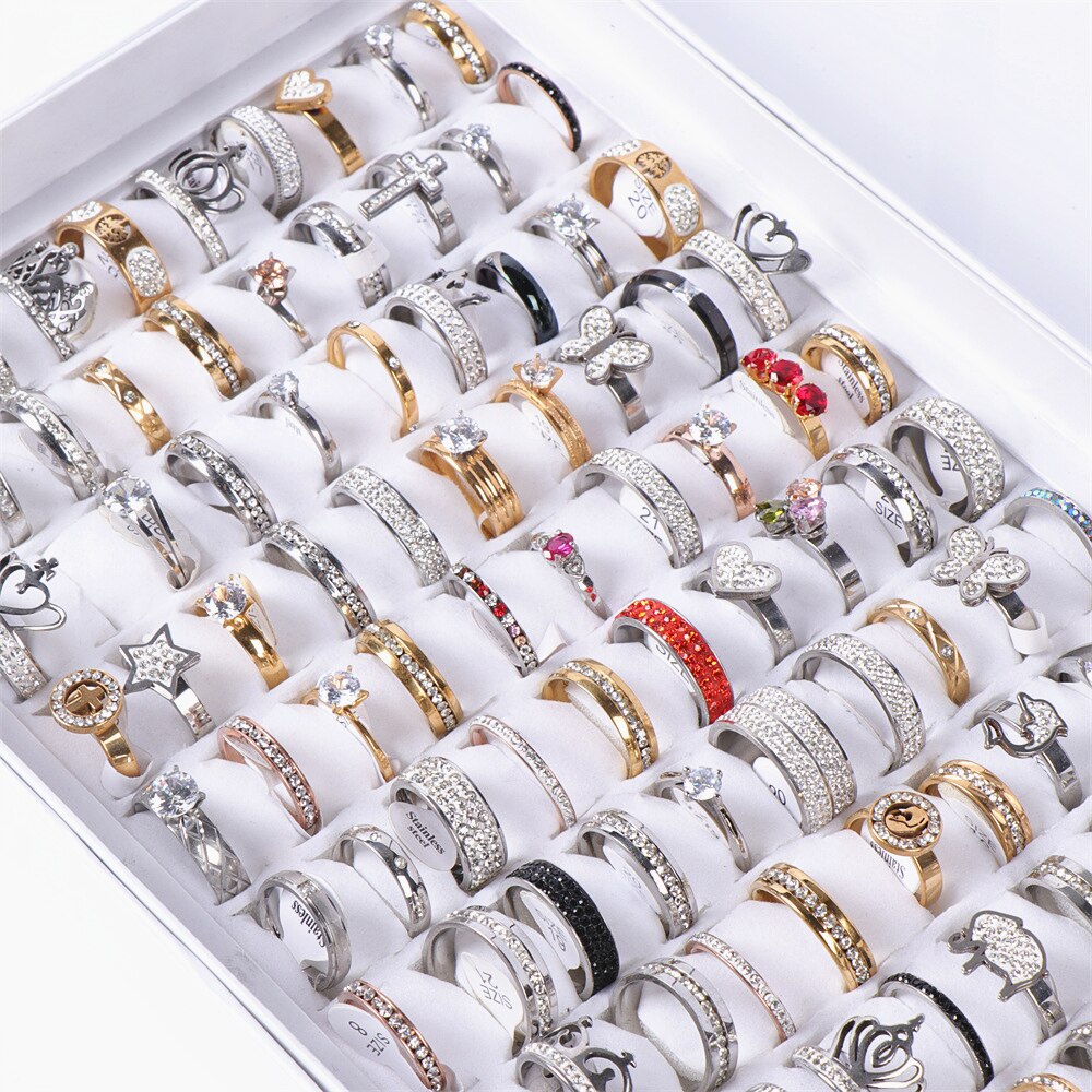 20 Stks/partij Kleurrijke Crystal Rhinestone Rvs Hart Liefde Ringen Voor Vrouwen Mix Stijl Bruiloft Sieraden