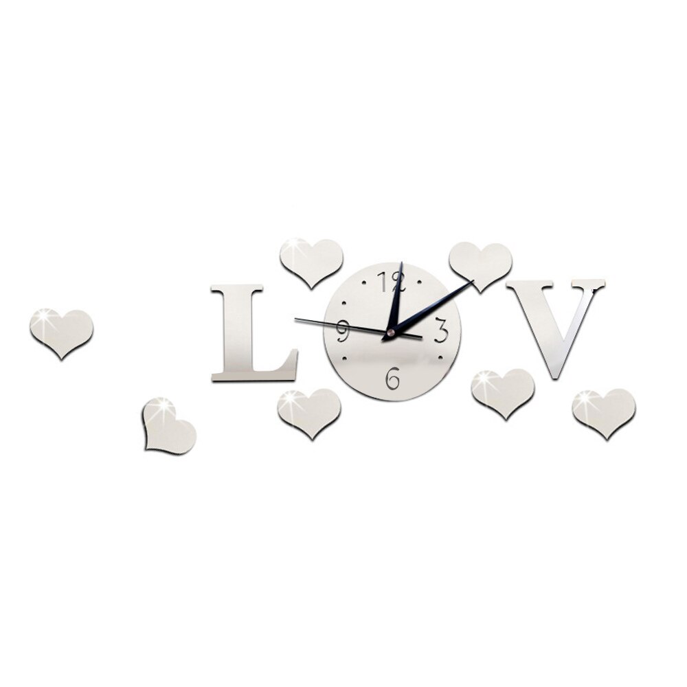 Mirror Effect Decal Clock Acrylic Glass Decor Home DIY Romantic Floor Clock 3D LOVE Wall Clock Stiker Stickers Silver Living