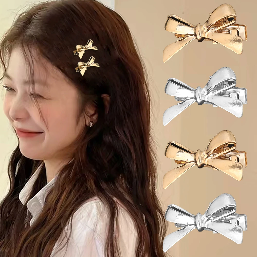 Korean Sweet Cool Y2K Girls PU Bow Hairpin Korean Personality Silver Leather Hair Clip Female Hair Accessories