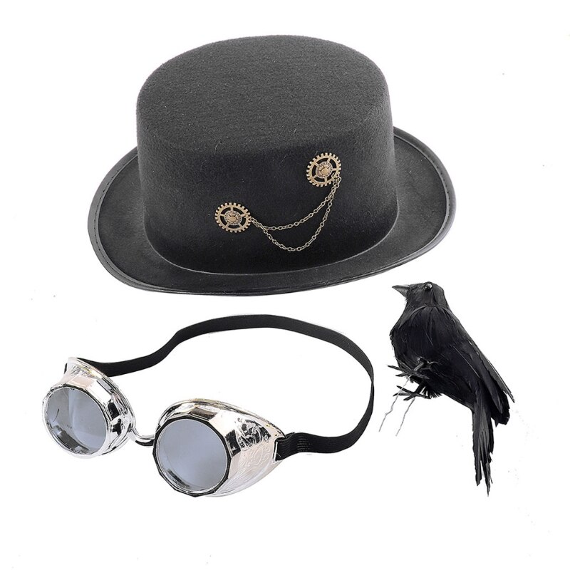 Unisex Heavy Metal Music Festival Top Hat Carnival Retro Gothic Steampunk Cosplay Black Jazz Cap with Crow Goggles