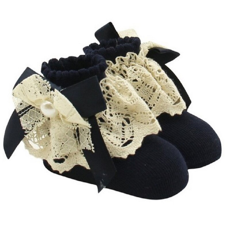 Miúdos bonitos Do Bebê Meninas Lace Ruffle Folhos Ankle Bow Meias Princesa Meias de Algodão Meias Curtas: Navy Blue