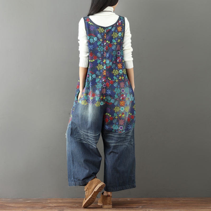 Helisopus-Mono vaquero Vintage con estampado de flores para mujer, peto con agujeros rasgados de talla grande, peto de piernas anchas, Peto vaquero con entrepierna caída