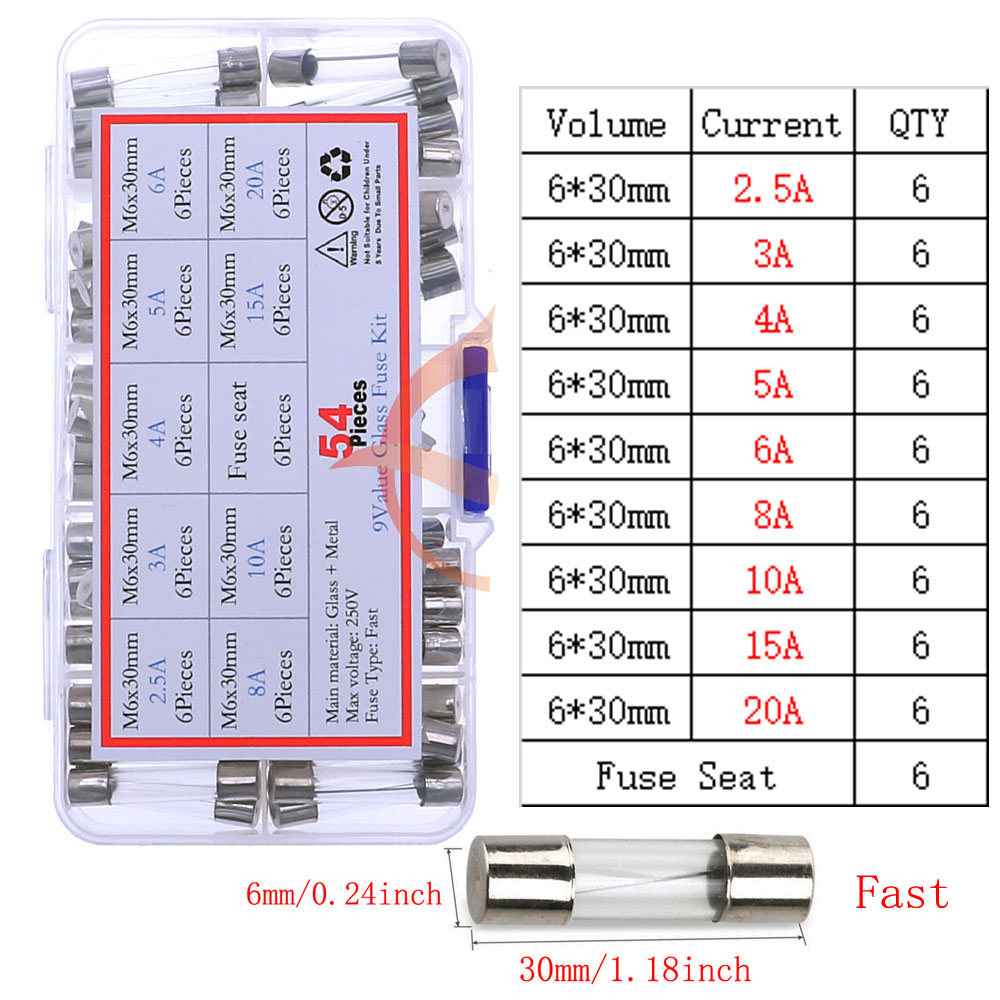 Fusible de vidrio lento y rápido de 12V-250V con kit de mezcla de cables de plomo 0.1A 0.25A 0.5A 1A 2A 2.5A 3A 3.15A 4A 5A 6A 6.3A 8A 10A 15A 16A 20A 30A: Negro