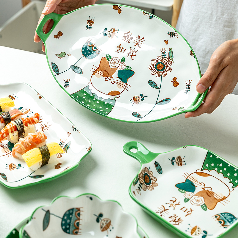Hand Painted Cartoon Dinner Plate Family Lovely Children's Bowl Single Rice Bowl Vegetable Plate Japanese Bowl Dish Tableware