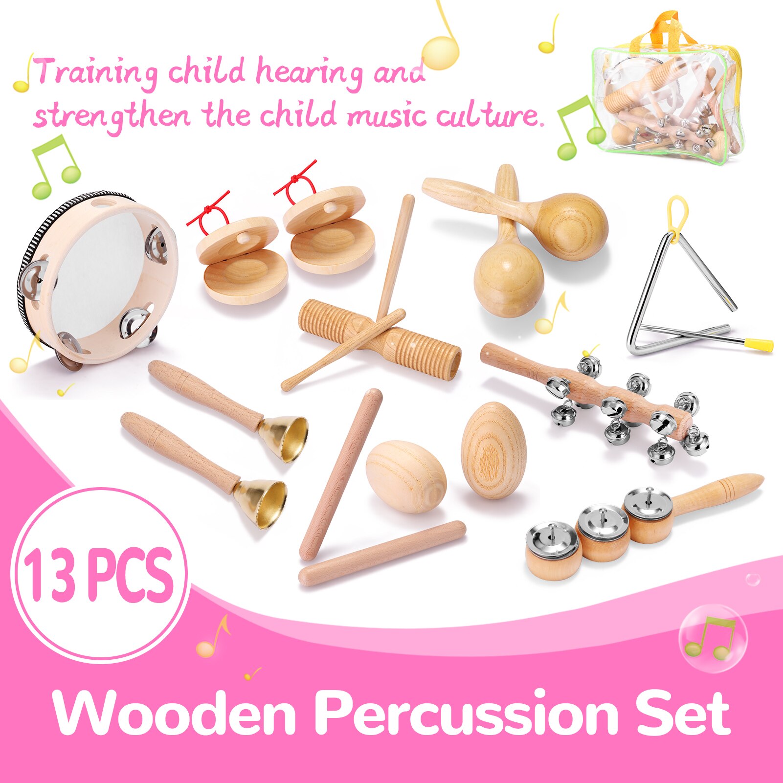 13Pcs Kinderen Hand Percussie Instrumenten Kit Draagbare Kinderen Muziek Verlichting Muziekinstrumenten Set Kids