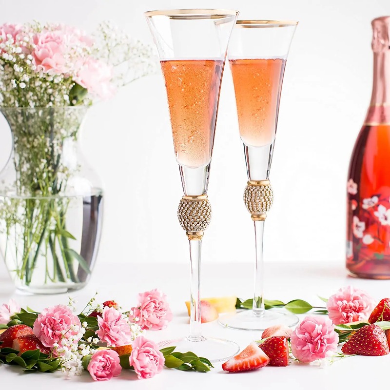 Juego de copas de vino con borde dorado de cristal, 2 uds., , con diamantes de imitación, decorativo, tallo largo, flautas de champán, de copa de cóctel