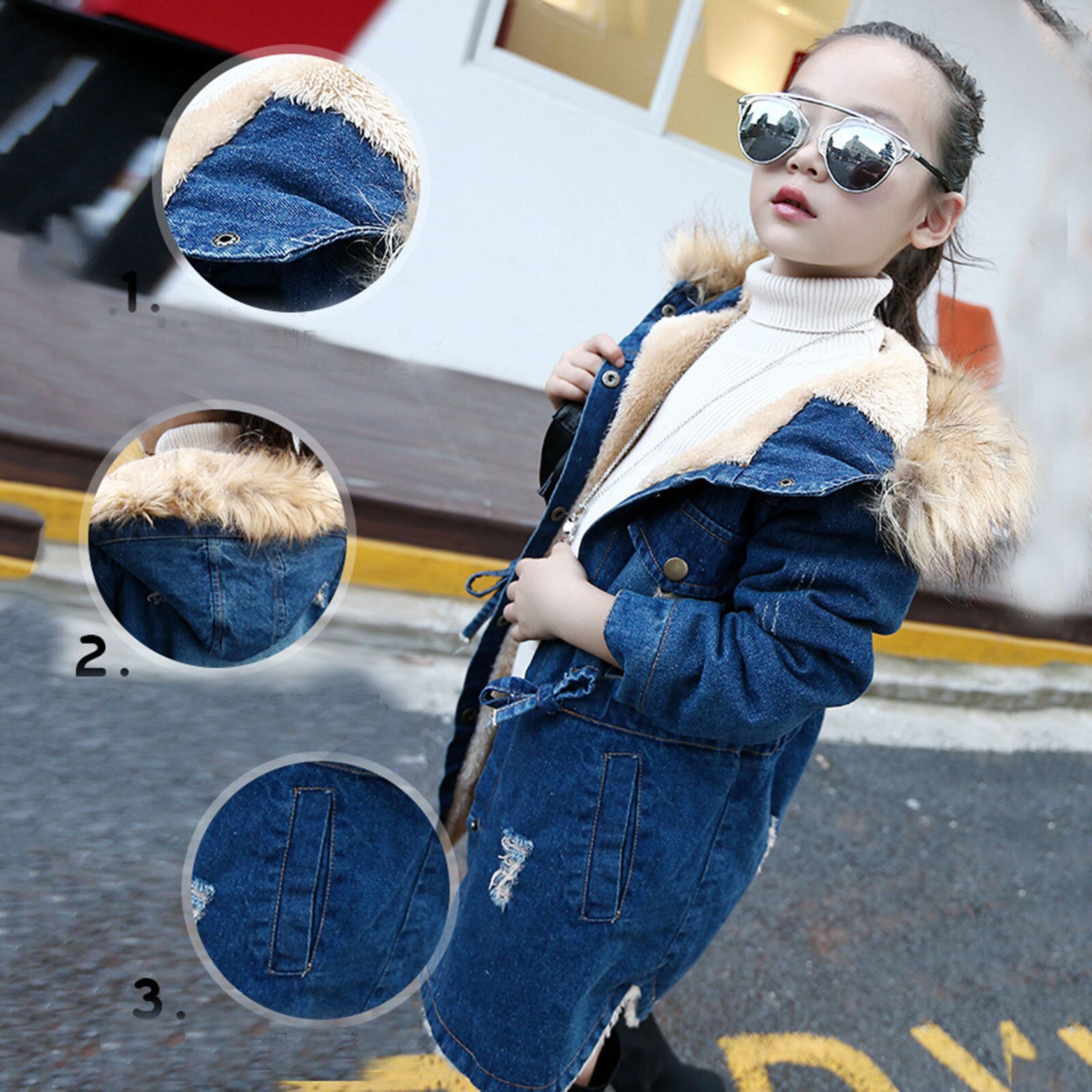 Children Winter Cotton Jacket Toddler Kids Baby Girls Hooded Wool Collar Warm Girdle Denim Coat Jacket Outwear зимняя куртка