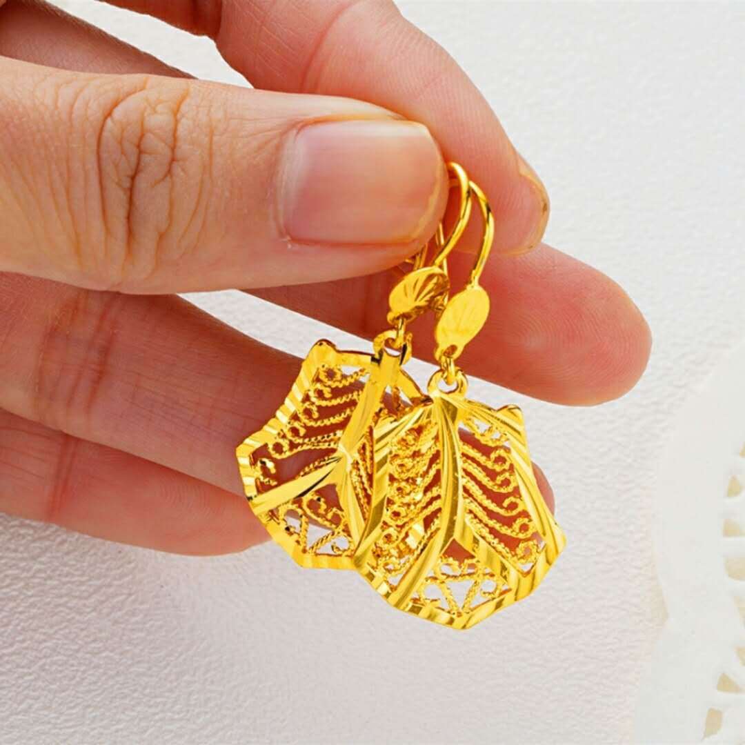 Pendientes de oro de 24K para mujer, aretes colgantes redondos de hoja de corazón, aretes largos de gota, joyería de boda de oro, de Navidad