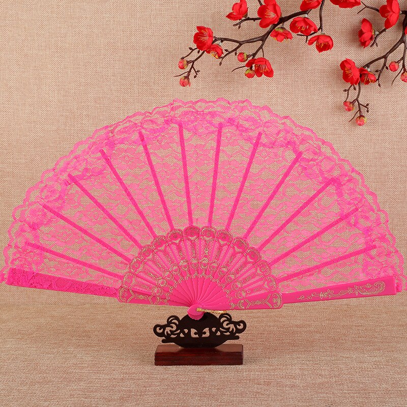 23cm Thin Lace Fan Plastic Bone Hand Fan Art Craft Lolita Japanese Sweet Girl Dance Photo Props Wedding Party Decoration: Rose Pink no pendant