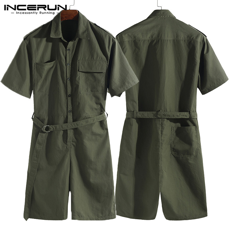 INCERUN Streetwear Männer Gesamt-spielanzug Gürtel Taschen Halbes Feste Hosen Männer Lässig Gesamt Overall Harajuku