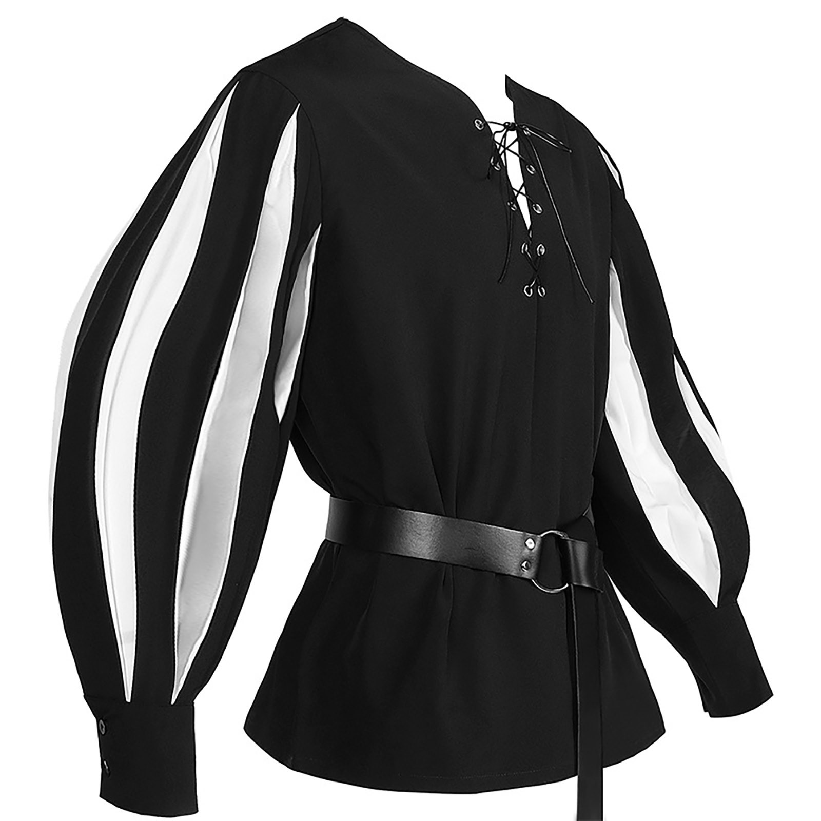 Top gótico con cordones en contraste oscuro para hombre, camisa informal Vintage Medieval renacentista, ropa suave holgada, camisa de manga larga con pretina: XL / Blanco