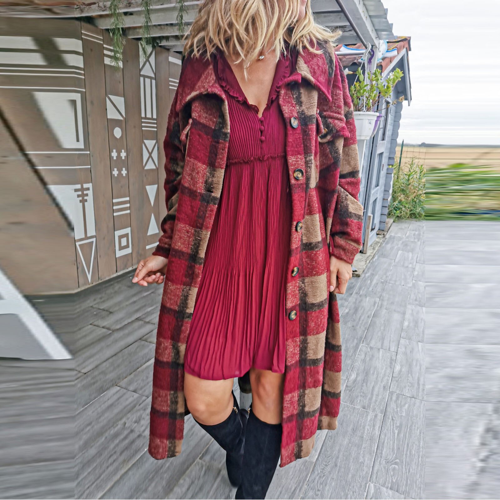 Ladies Lapel Plaid Print Long Coat Women Lattice Turn Down Collar Buttons Pockets Long Sleeve Jacket Loose Jackets Top #T2G