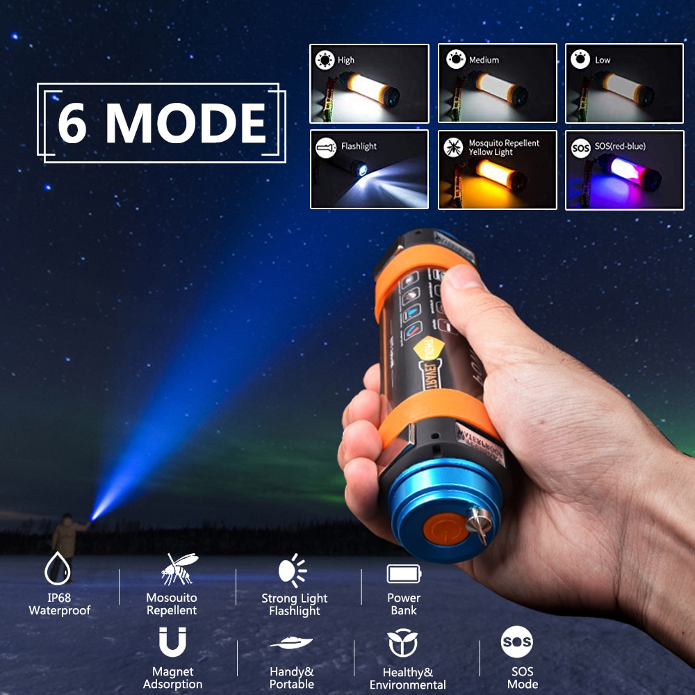 7800 mah usb ledet camping lanterne telt lys lampe  ip68 vandtæt genopladelig magnetisk vandring arbejder fiskeri sos lommelygte 6 mod