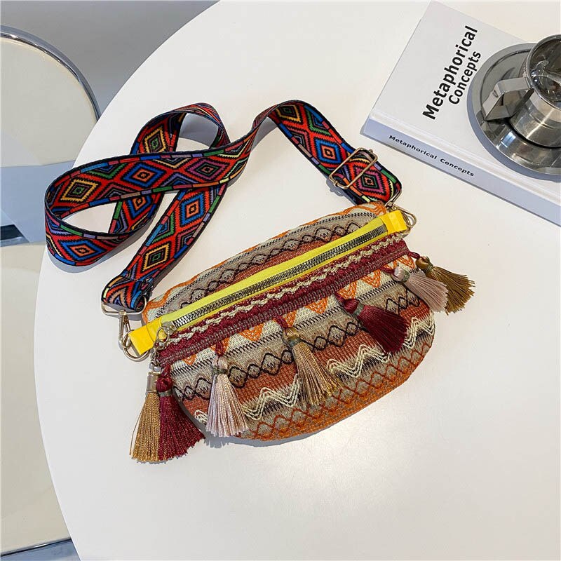 Riñonera de estilo étnico para mujer, bolso de cintura con correa ajustable de Color variado, con decoración de flecos, bandolera informal para el pecho, novedad: Yellow