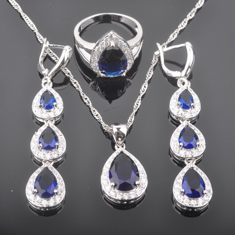 Zilverkleurige blauwe zirkonia water voor dames sieraden sets armband ketting hanger oorbellen ring  qs0180