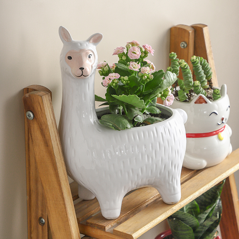 Nowy kreatywny biały alpaka doniczka ceramiczny wazon soczysty doniczkowy zielony, robić domu roślin Słodki kreskówka z roślinami i zwierzętami garnek dekoracji prezent