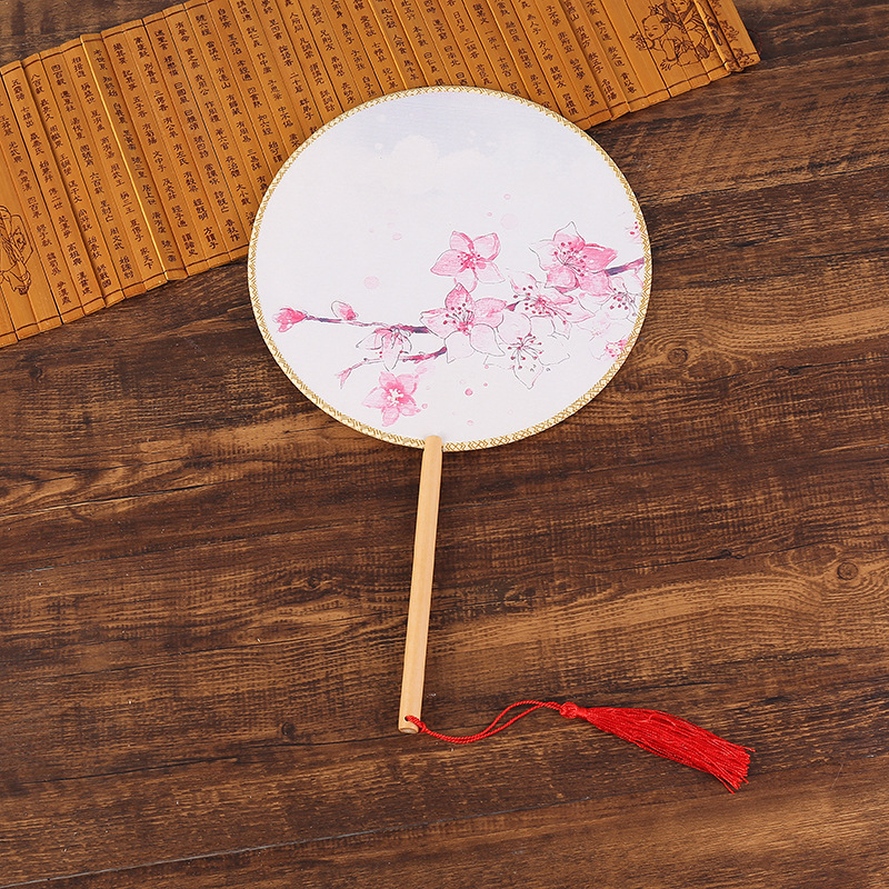 Vintage Round Fan Long Handle Tassel Dancing Hanfu Circular Fan Ancient Chinese Style Classical Printed Court Round Fan Wedding: 12