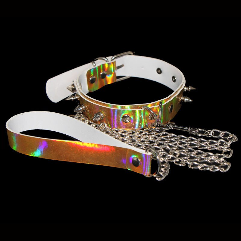 Spike Rivet Choker Catene Della Collana Collo In Pelle Arcobaleno Collare Rave Del Partito di Festival Ravewear Gioielli di Moda goth Accessori: 3